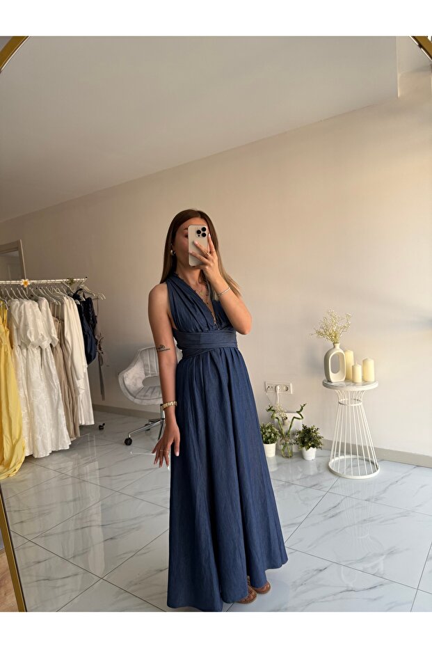Bağlamalı lacivert elbise - 2