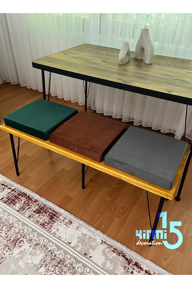 Metal Ayaklı Ahşap Panel Üzeri 3 Adet Puf&Bench Balkon Bench - 3
