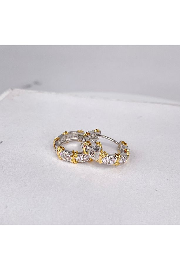 925 Gümüş Taş İşlemeli Gold Şeritli Küpe , Özel Model X Model Su Yolu Küpe - 4