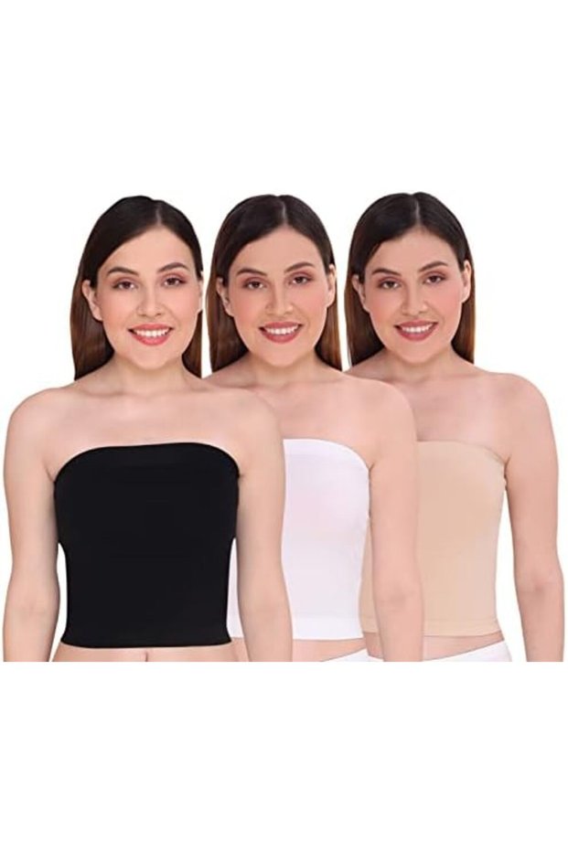 Women's Strapless Crop Top Inner Tube Camisole Free Pack of 3 Black/White/Beige