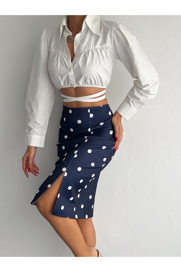 Women's Navy Blue Color Polka Dot Elastic Waist Slit Pencil Skirt Length 65 cm