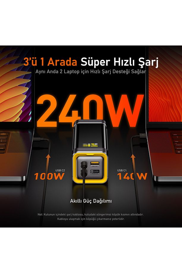 Youth 140W 3 Portlu Şarj Adaptörü, 27.600 mAh 240W PD3.1 Powerbank, 140W LED Ekranlı Naylon Örg - 6