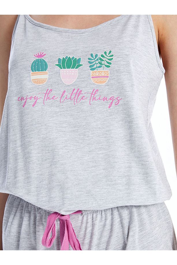 LCWK U Yaka Baskılı Askılı Kadın Şortlu Tulum Pijama - 3