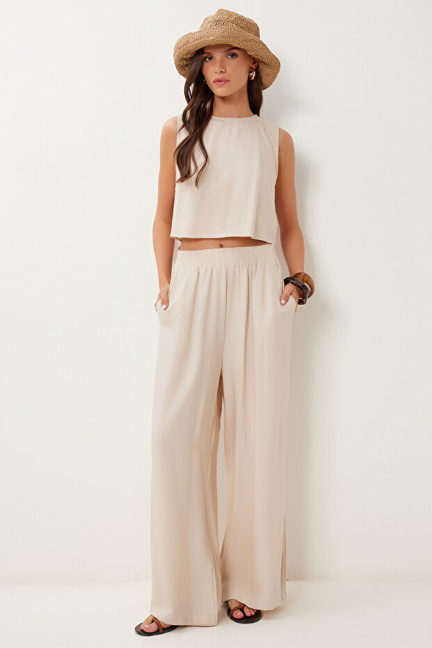 Tie Detailed Blouse Pants Set Cream Lrv0104