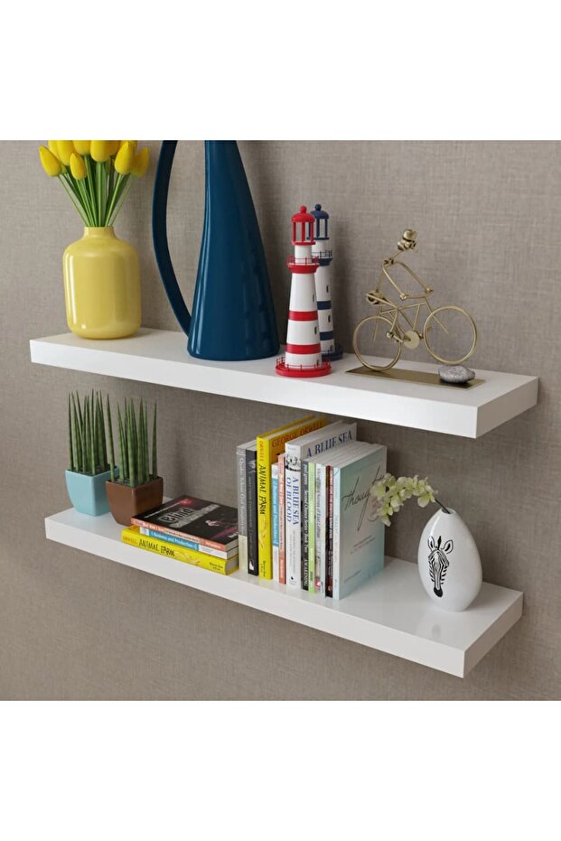 2 White MDF Floating Wall Display Shelves Book/DVD Storage