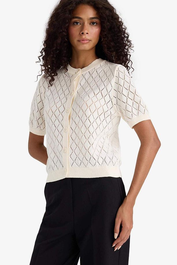 Regular Fit Bisiklet Yaka Kısa Kollu Ajur Triko Hırka F7161ax25hs - 3