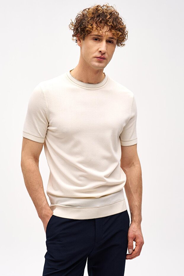 Men's Cream Standard Polo Neck Knitwear Short Sleeve