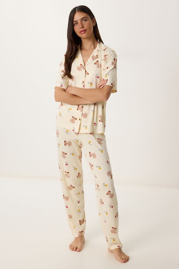 Desenli Örme Gömlek Pijama Takımı AÇIK SARI LPQ0011 - 3