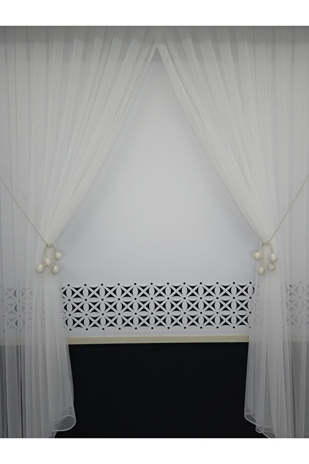 Double Breasted Tulle Curtain 4 Balls Ornamental Rope Included Regular Pleat 1/3