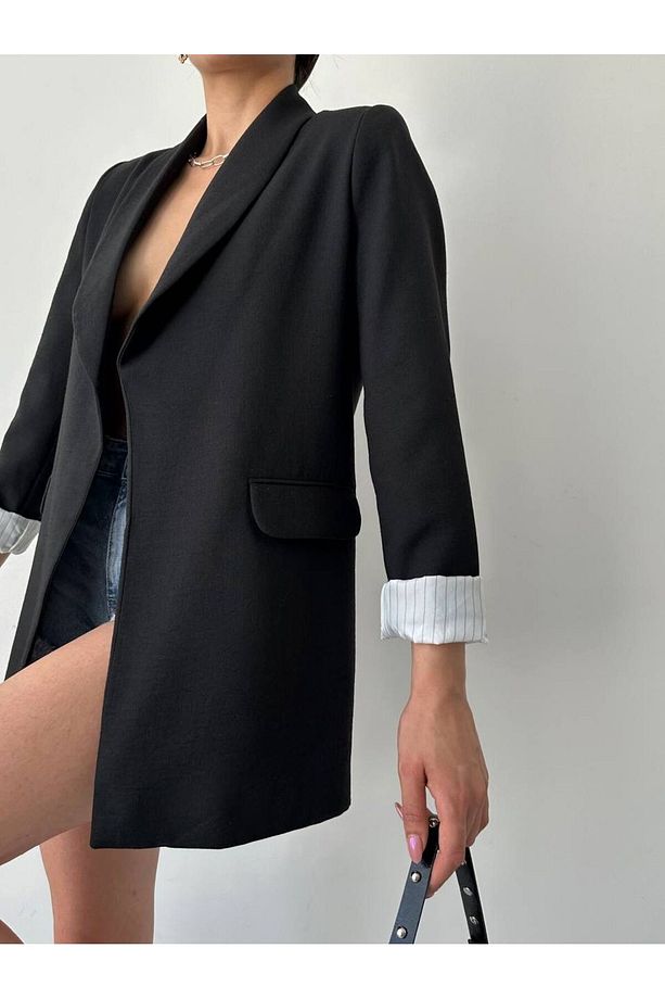 Çizgi Astarlı Siyah Ham Keten Blazer Ceket - 2