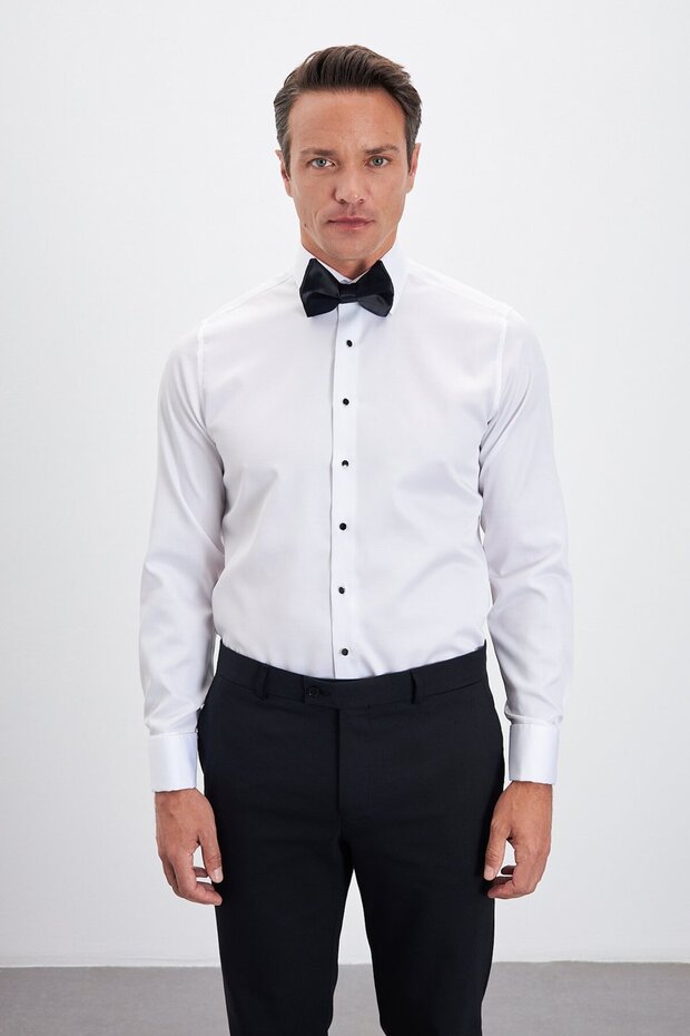 Iron-Free 100% Cotton Non Iron Comfort Fit Classic Collar White Tuxedo Shirt