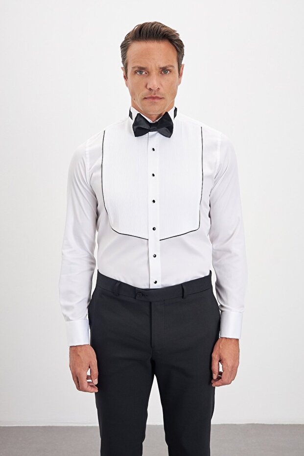 Comfort Fit Pleated 100% Cotton Ata Collar White Tuxedo Shirt