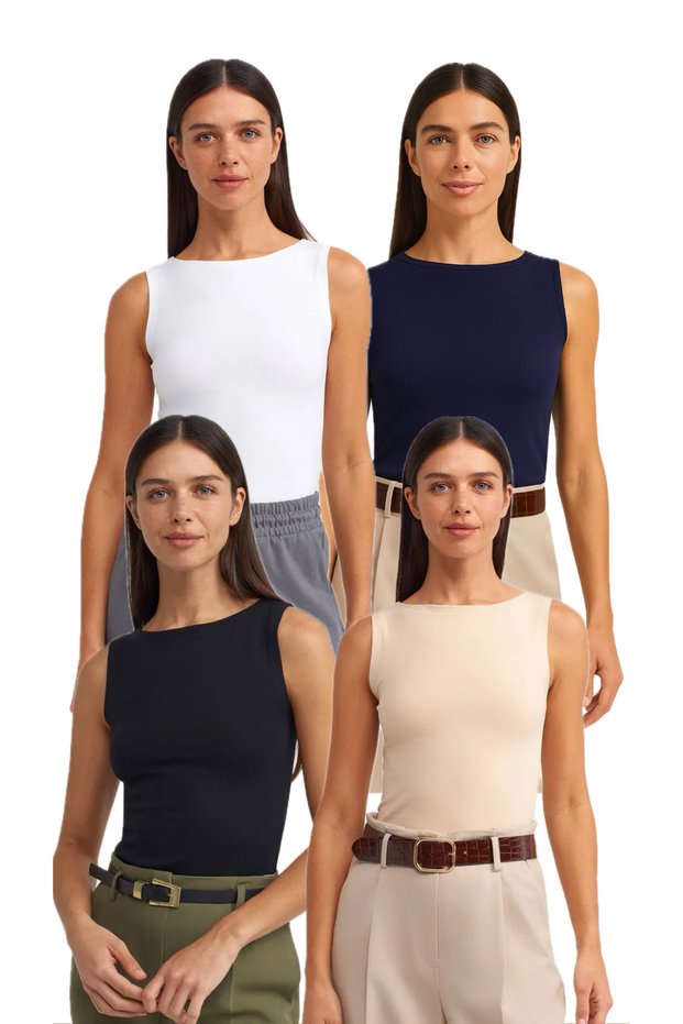 Boat Neck 4-Piece Sleeveless Top-Black Cream White Navy Blue