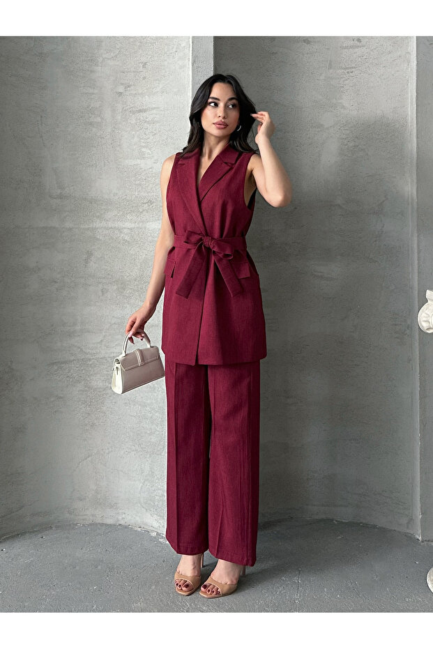 Women's Belted Buttoned Vest Pants Suit