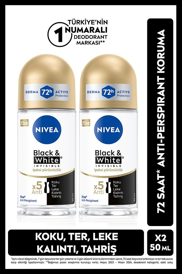 Kadın Roll-on Deodorant Black&White Invisible İpeksi Pürüzsüzlük 50ml, 72 Saat Koruma, X2 Adet - 1