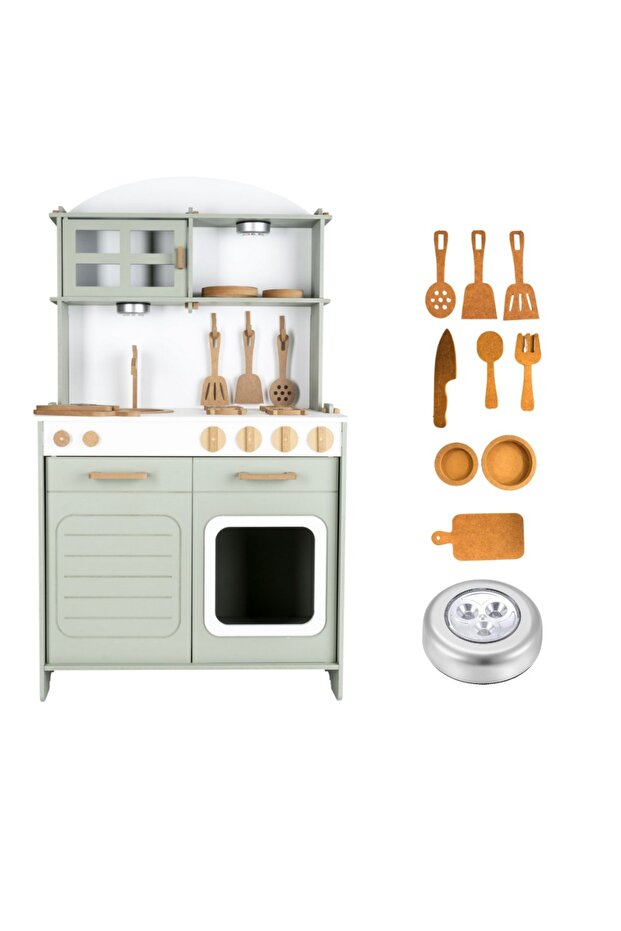 طقم مطبخ خشبي مطلي بطريقة مونتيسوري مع هدية إضاءة LED واحدة - 1