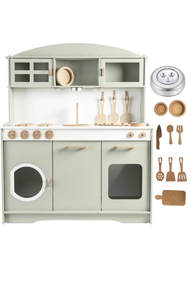 مجموعة مطبخ ألعاب خشبية خضراء مكونة من 9 قطع مع إضاءة LED - 1