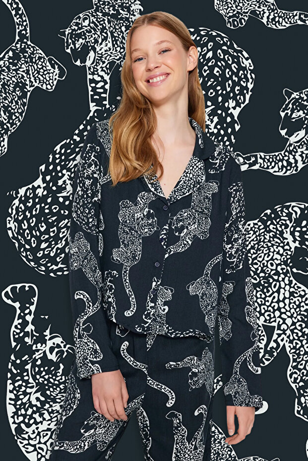 Zestaw piżam z wiskozy tkanej w kolorze antracytowym z tygrysim wzorem Thmaw24Pt00092 - 5