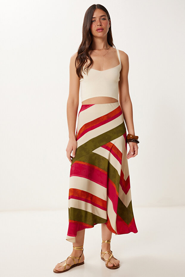 Women's Cream Pink Patterned Midi Woven Skirt Hm00069