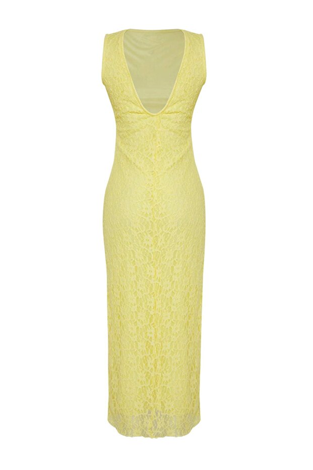 Açık Sarı Dantel Bodycon Sırt Dekolteli Esnek Örme Elbise TWOSS25EL00485 - 7