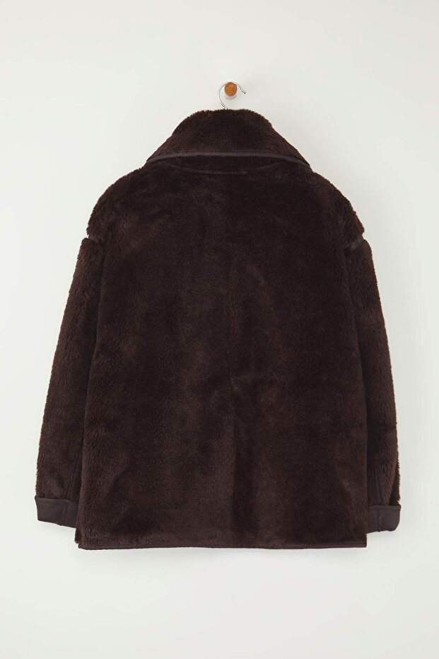 Kahverengi Oversize Kalıp Peluş Büyük Beden Mont TWOAW26AW00016 - 7