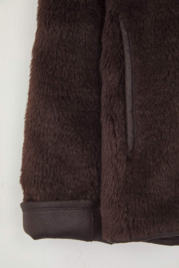 Kahverengi Oversize Kalıp Peluş Büyük Beden Mont TWOAW26AW00016 - 6