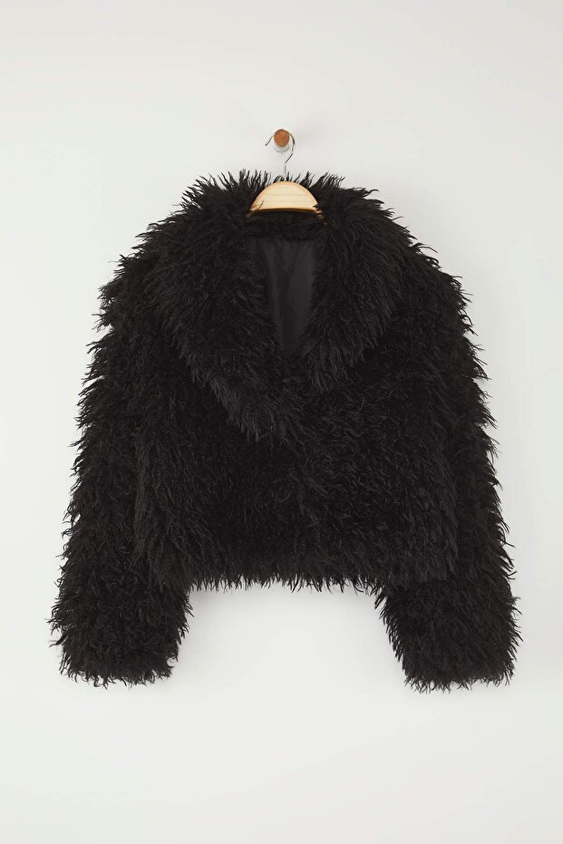 Czarny oversize'owy wzór futra płaszcz TWOAW26MO00051 - 5