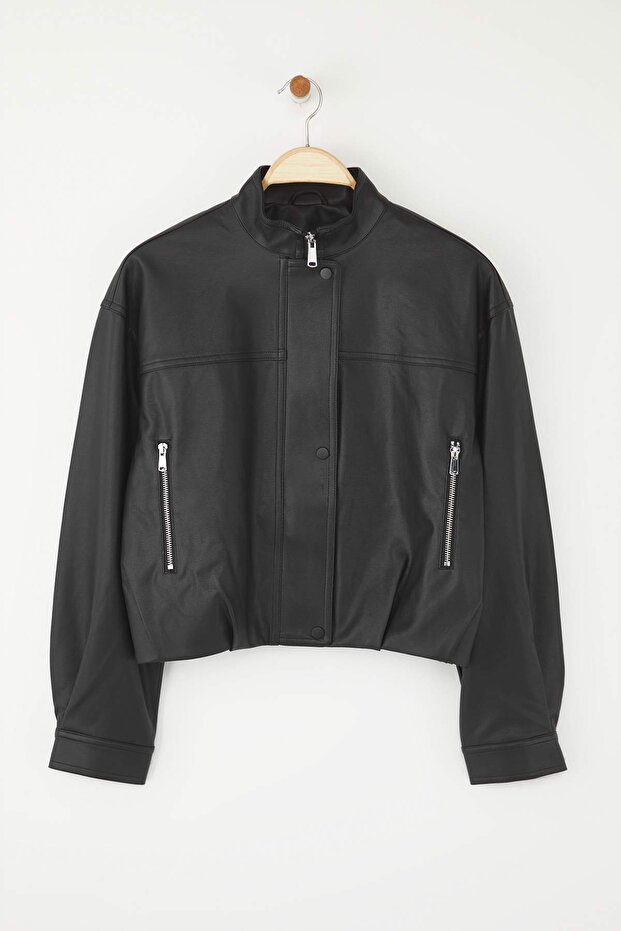 Siyah Oversize Kalıp Suni Deri İnce Ceket Mont TWOAW26MO00034 - 6