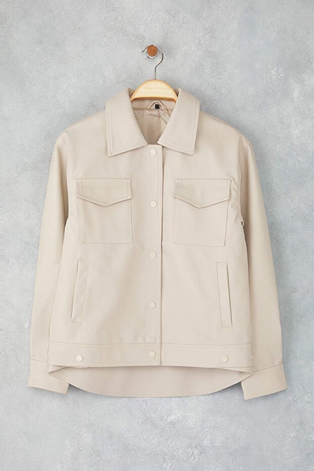 Ekru Oversize Kalıp Etek Ucu Çıkarılabilir Suni Deri İnce Ceket Mont TWOAW26MO00068 - 6