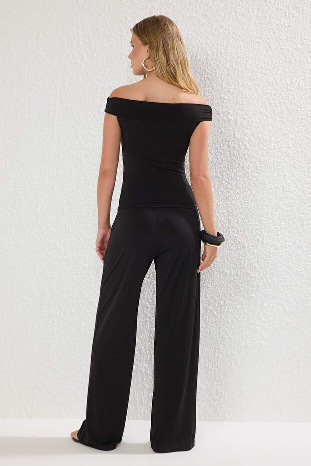 Siyah Carmen Yaka Esnek Örme Bluz/Pantolon Alt-Üst Takım TWOSS24AU00035 - 4