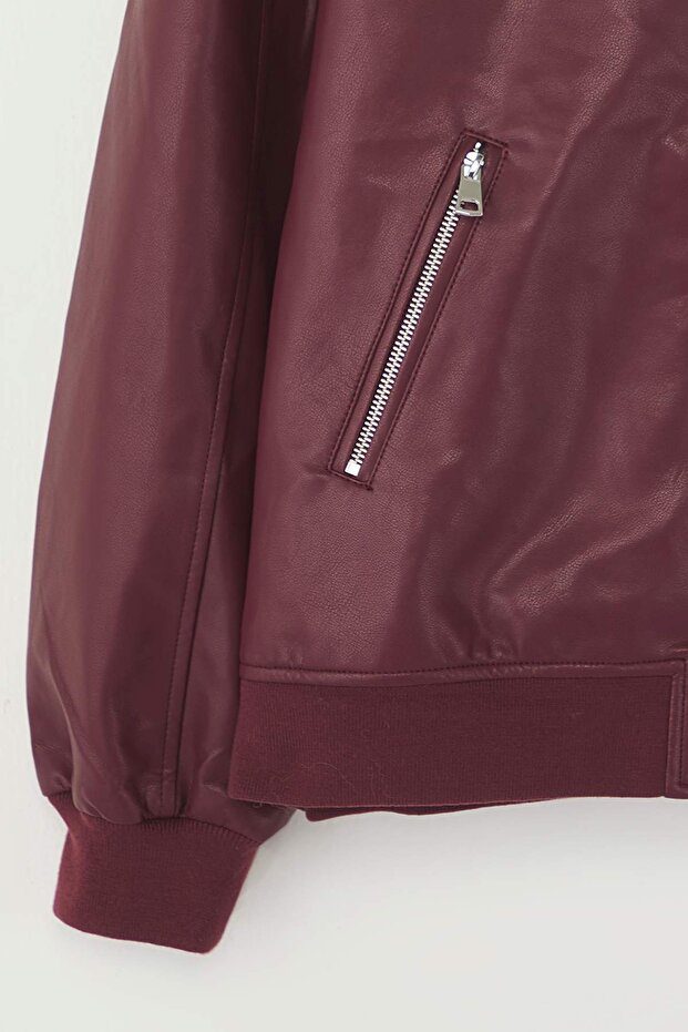 Bordová Regular Fit Faux Leather Bomber Slim Plus Size Jacket Coats TWOAW26AW00002 - 6