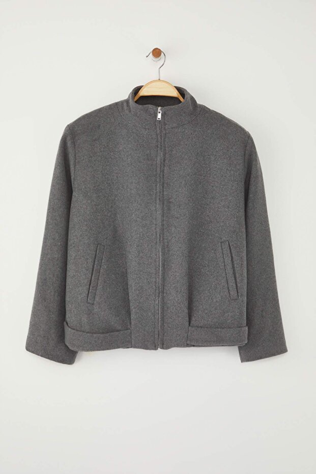 Antrasit Oversize Kalıp Kaşe İnce Ceket Mont TWOAW26MO00130 - 4