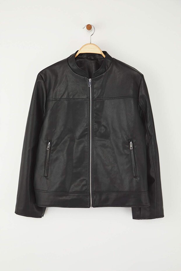 Czarna dopasowana sztuczna skóra Biker Plus Size Cienka kurtka TWOAW26AW00003 - 5