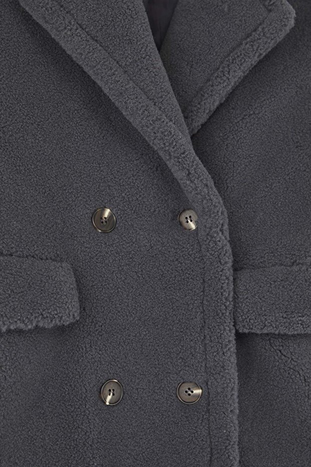 Antracit szőrme duplasoros, normál hosszúságú plüsskabát TWOAW26KB00020 - 10