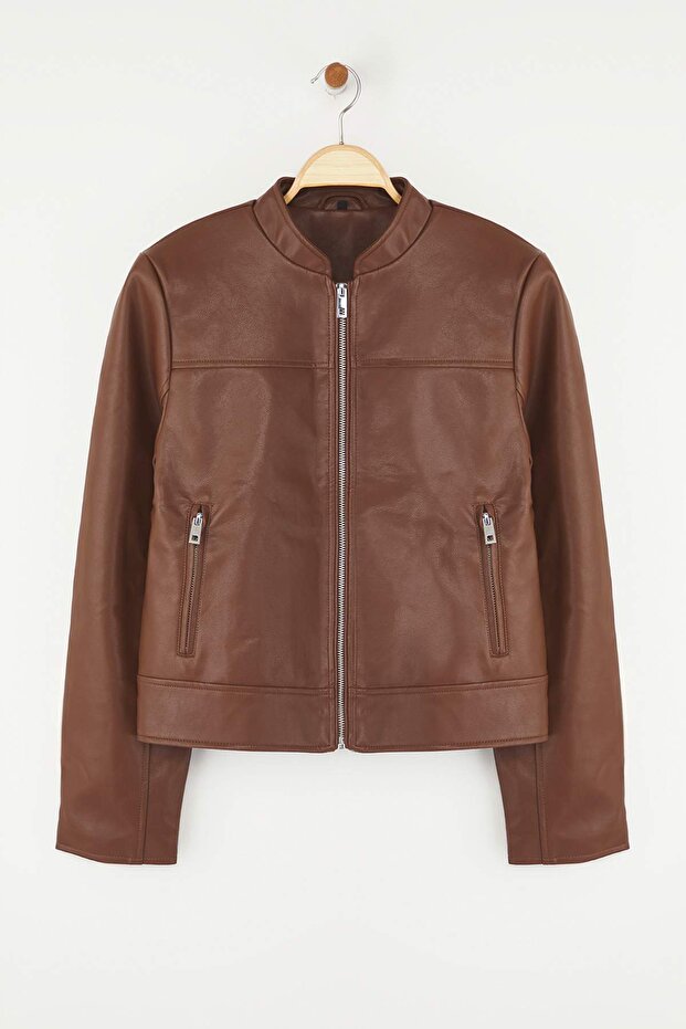 Koyu Kahverengi Fitted Kalıp Suni Deri Biker İnce Ceket Mont TWOAW26MO00085 - 5