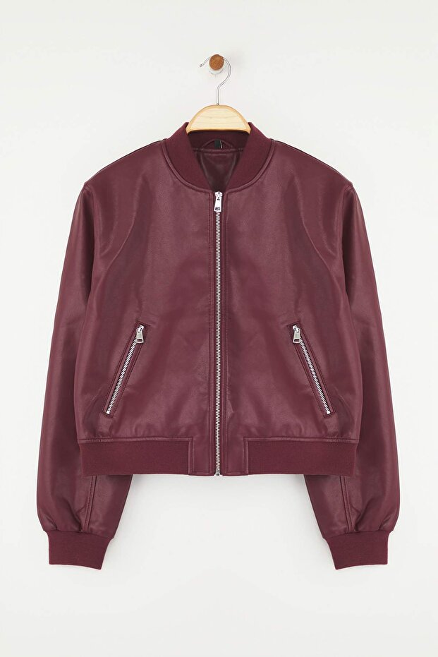 Bordo Regular Kalıp Suni Deri Bomber İnce Ceket Mont TWOAW26MO00084 - 5