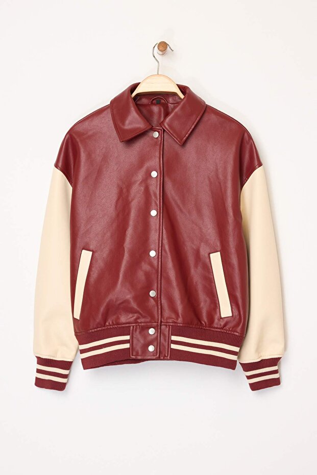 Bordo-Krem Oversize Kalıp Suni Deri Kolej Bomber Ceket Mont TWOAW26MO00006 - 6