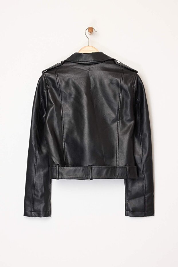 Siyah Regular Kalıp Suni Deri Biker İnce Ceket Mont TWOAW25MO00002 - 10