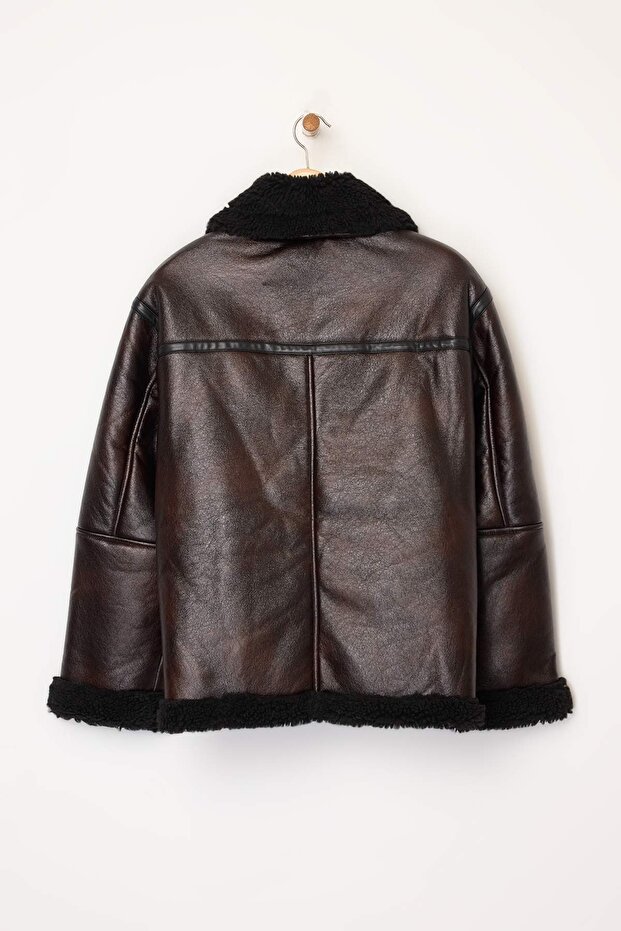 Kahverengi Oversize Kalıp Peluş Detaylı Biker Büyük Beden Ceket Mont TBBAW25AW00001 - 15