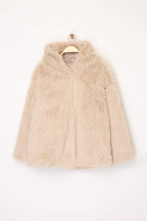 Bézs Oversize Mold kapucnis szőrme nagy méretű kabátok TWOAW26AW00000 - 5