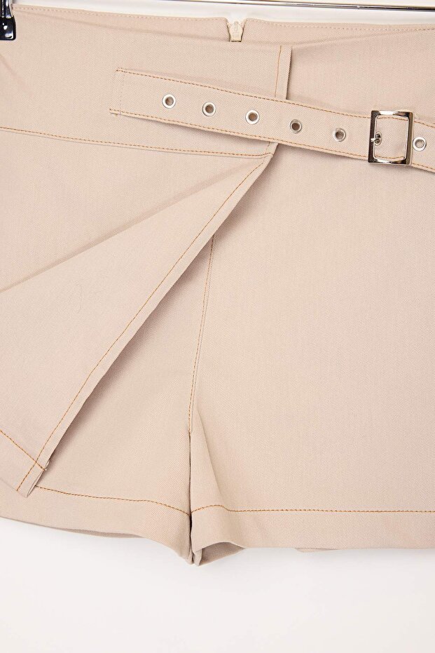 Bej Kontrast Dikişli Mini Gabardin Pamuklu Şort Etek TWOSS25SR00228 - 5
