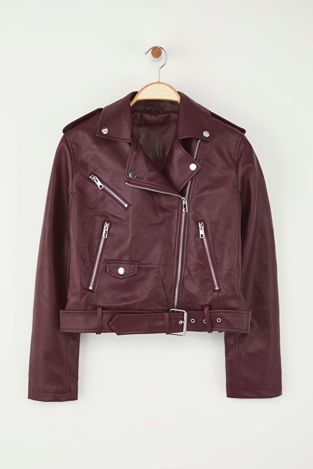Bordo Regular Kalıp Suni Deri Biker İnce Ceket Mont TWOAW25MO00002 - 6