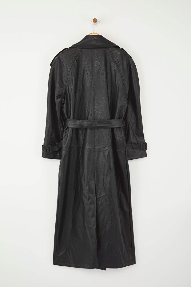 Siyah Kemerli Suni Deri Oversize Uzun Trençkot TWOAW25TR00003 - 6
