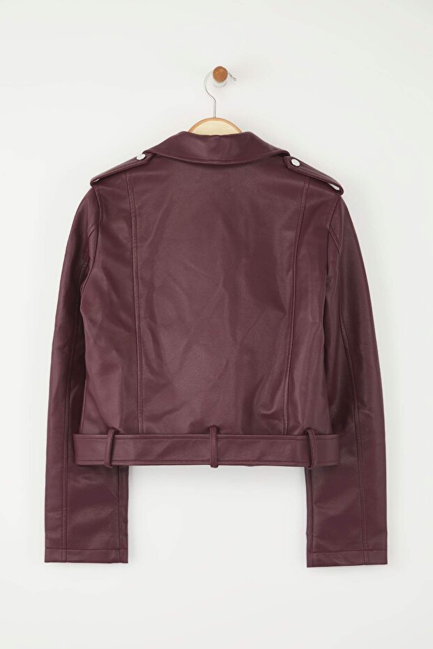 Bordo Regular Kalıp Suni Deri Biker İnce Ceket Mont TWOAW25MO00002 - 7
