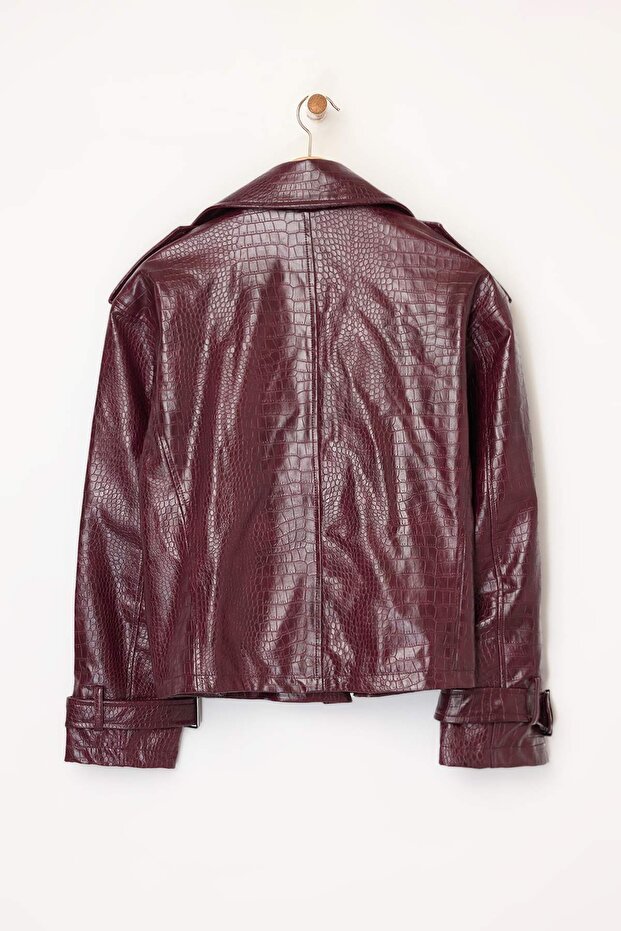 Bordo Regular Kalıp Suni Deri Biker İnce Ceket Mont TWOAW26MO00003 - 7