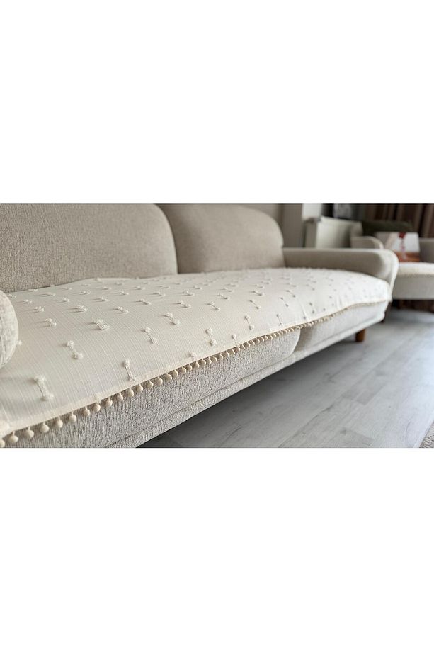 Bohem Ponponlu Oturma Yerini Kapatan Koltuk Örtüsü Ekru 90 X 200 - 3
