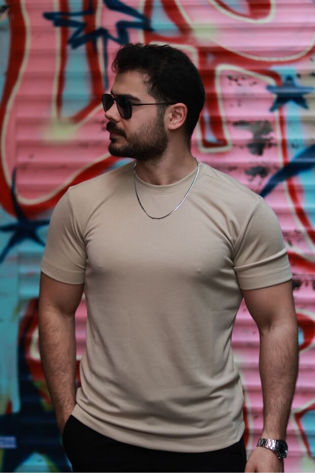 Beige Color Modal Comfortable Use Basic Men's Tshirt - 1