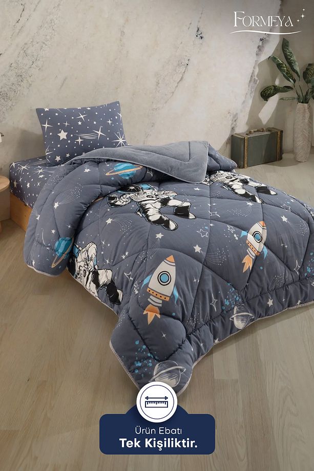 Astronot Desenli Tek Kişilik Çift Taraflı Wellsoft Yorgan ve Yastık Kılıfı Seti (Çarşafsız) - 6