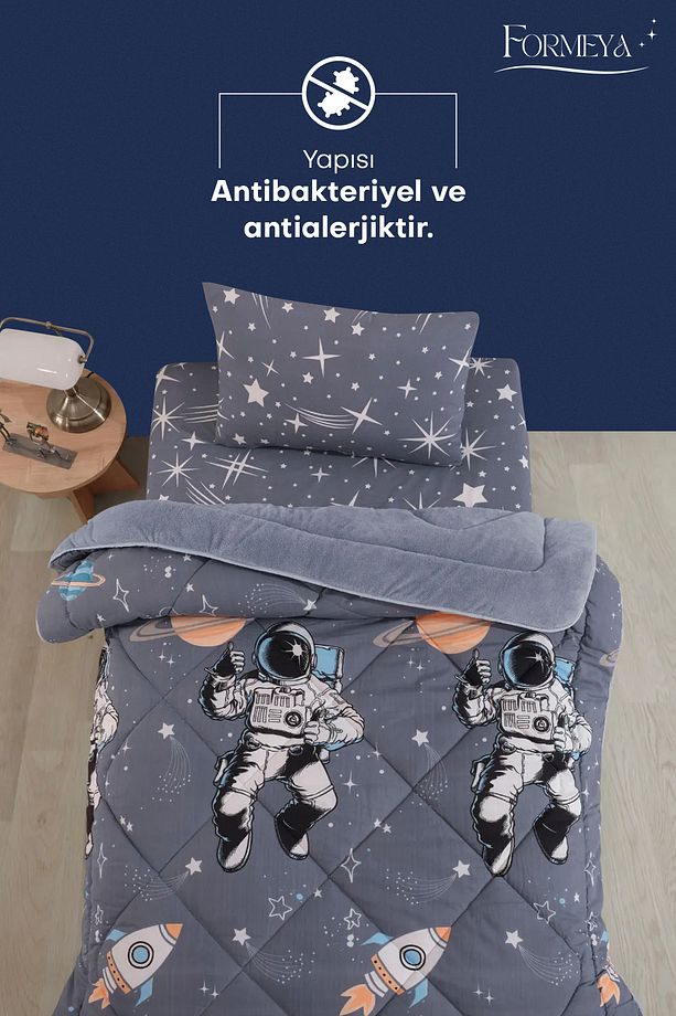 Astronot Desenli Tek Kişilik Çift Taraflı Wellsoft Yorgan ve Yastık Kılıfı Seti (Çarşafsız) - 5