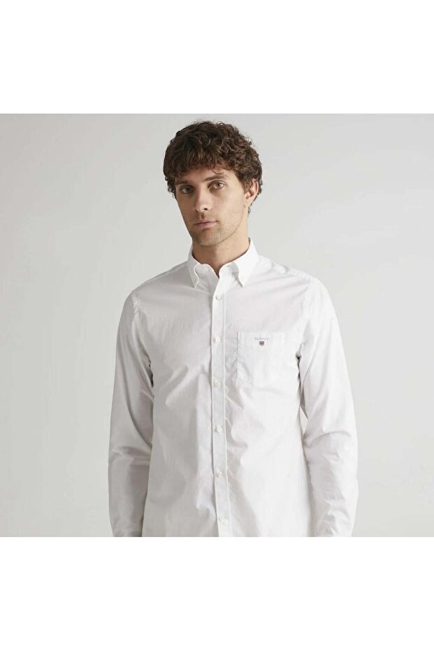 Erkek Beyaz Regular Fit Düğmeli Yaka Broadcloth Gömlek - 1
